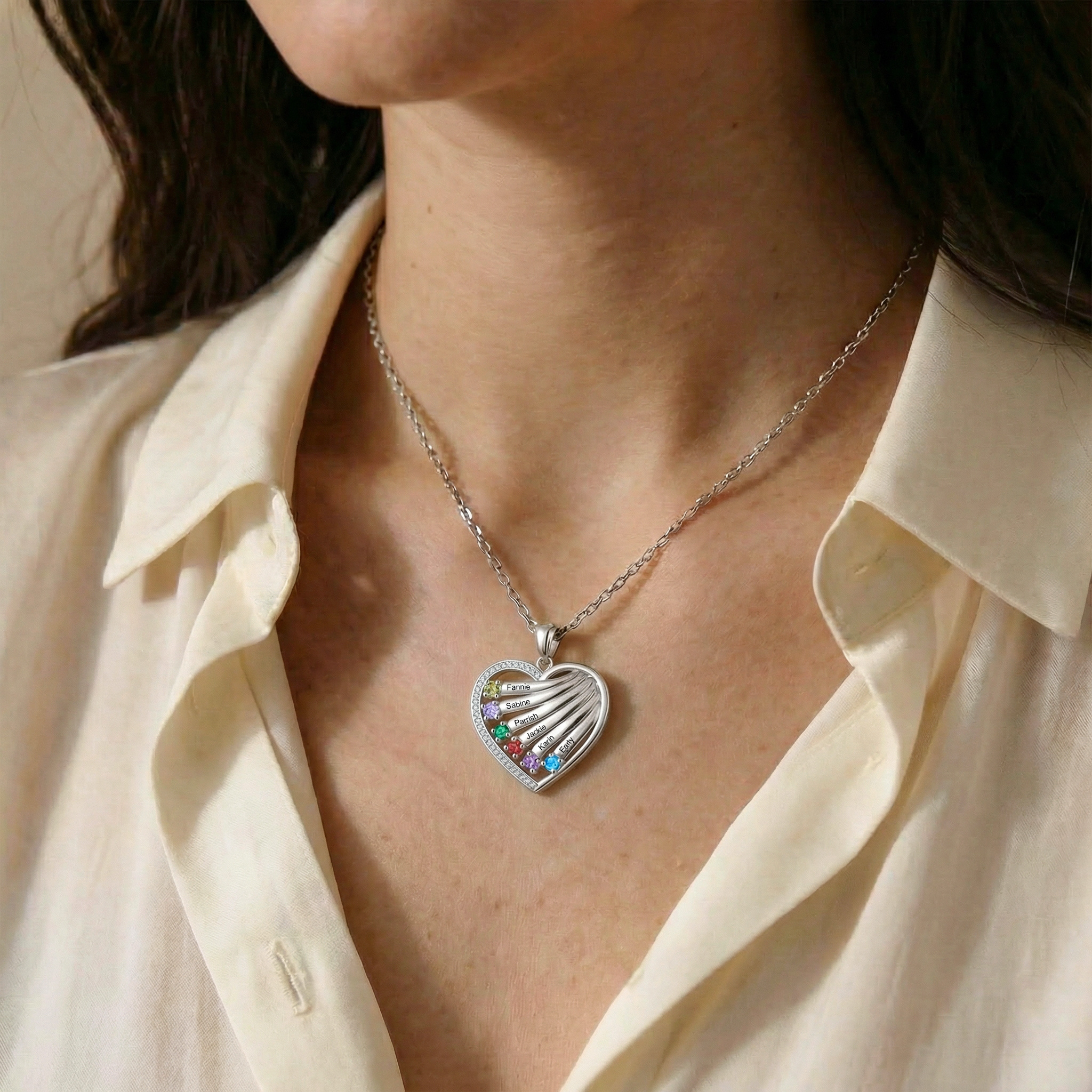 Personalized Heart Name Necklace Custom With Birthstones Engraved 4–6 Children’s Names