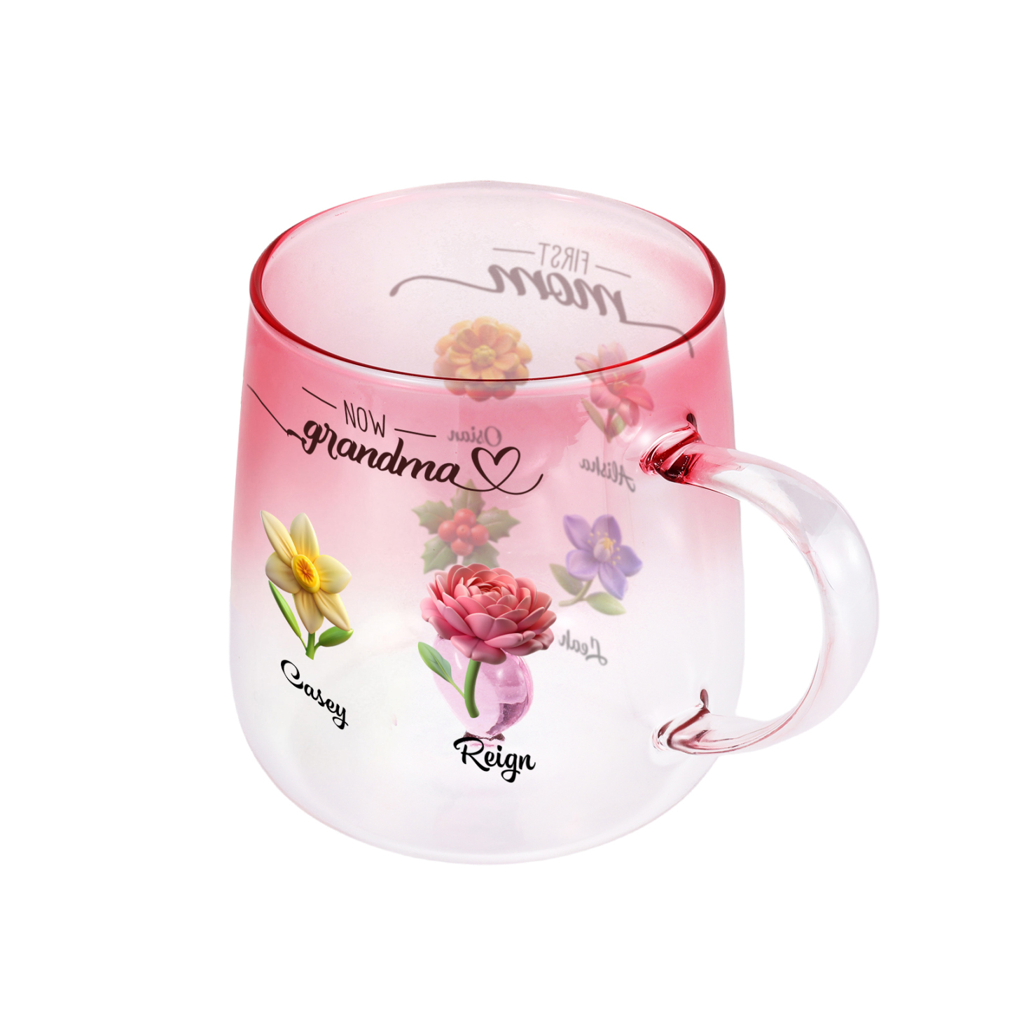 Personalized Birth Flowers Pink Gradient Glass Mug for Mom Grandma