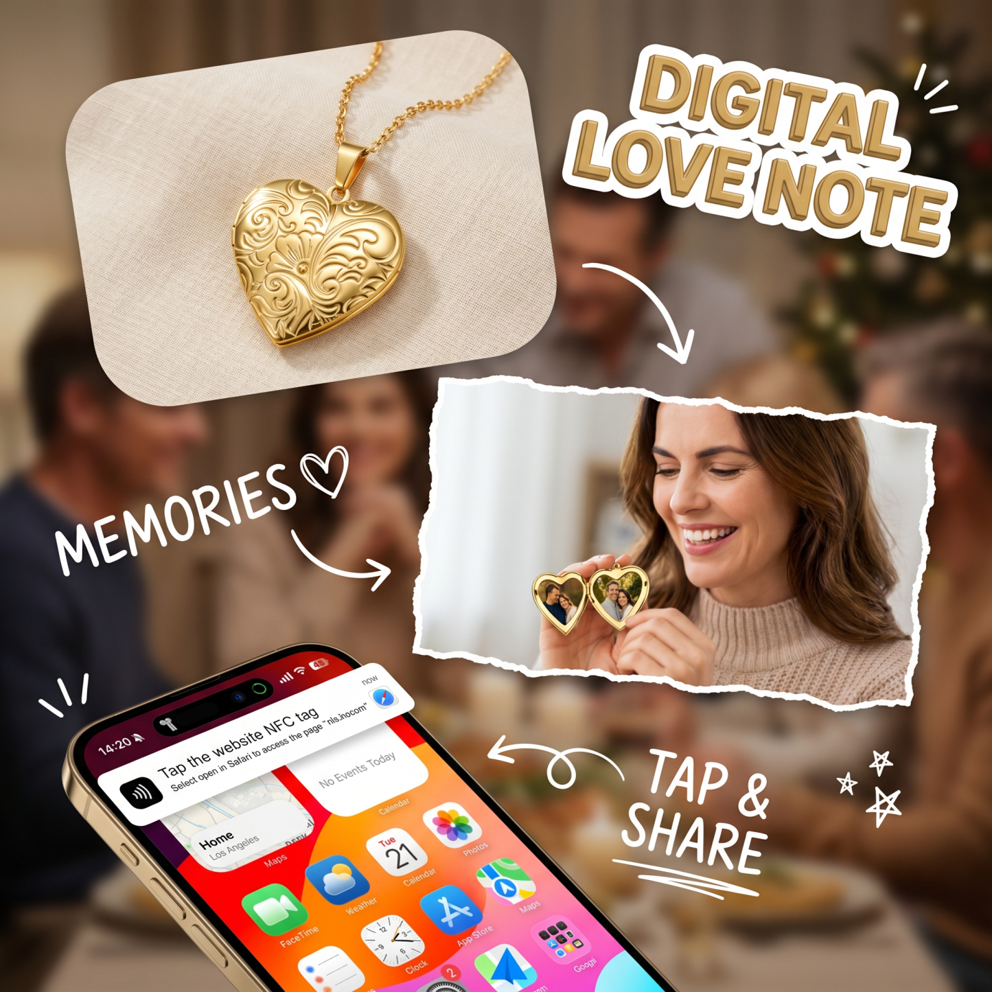 Personalized Heart Locket Necklace Custom with 2 Photos and NFC for Women