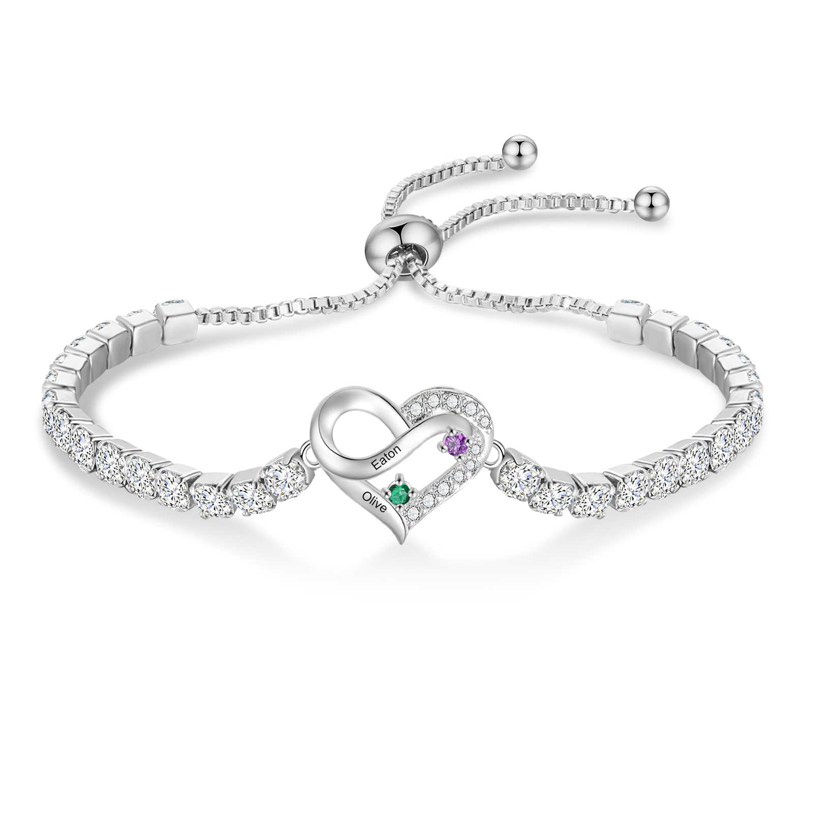 Personalized Infinity Heart Tennis Bracelet with 2–4 Names and Birthstones