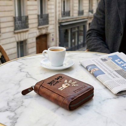 Personalized Genuine Leather Card Holder Custom with 1–6 Names and Fists Zippered Wallet for the Best Dad Grandpa