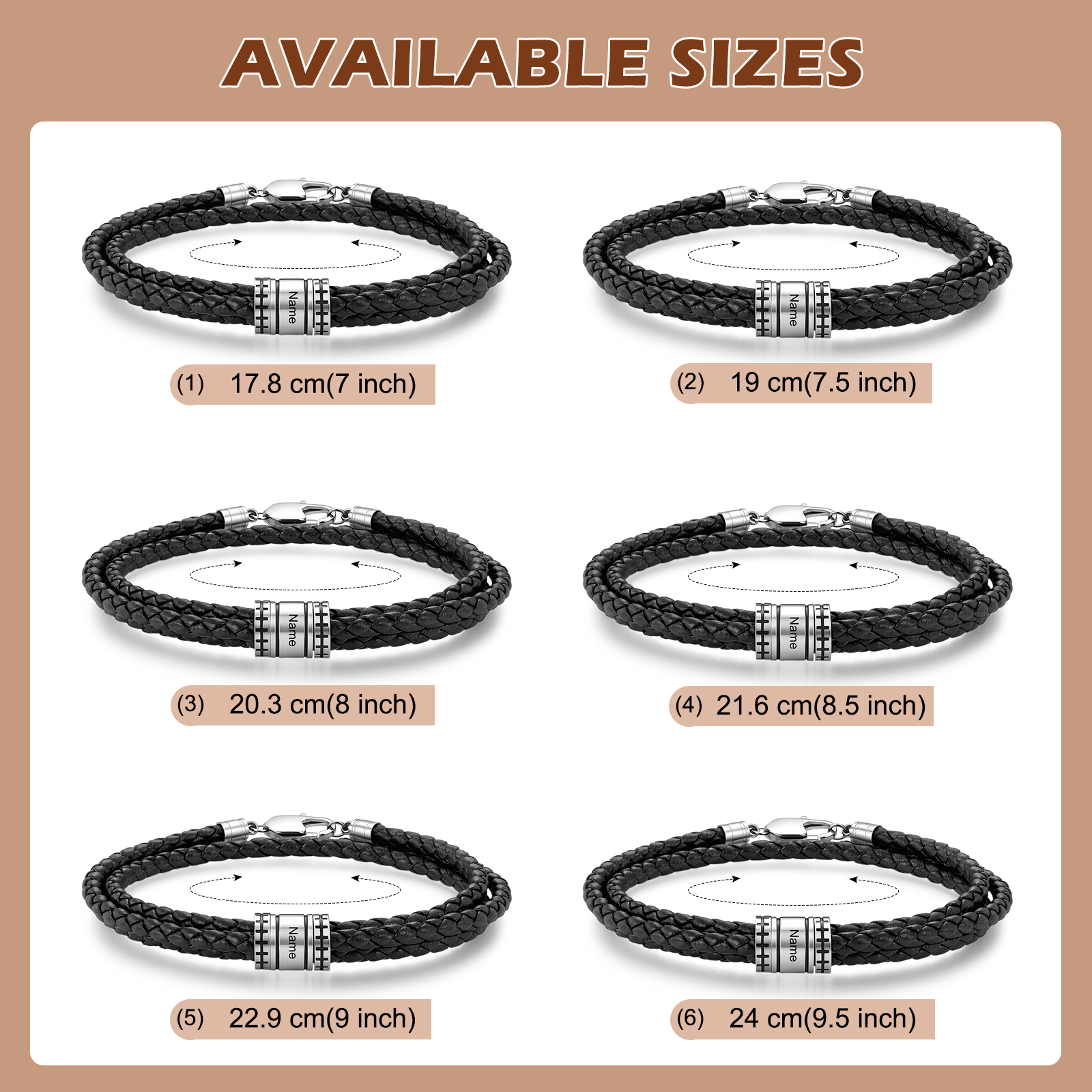 Personalized Men’s Braided Leather Bracelet Engraved Beads with 1 to 6 Names