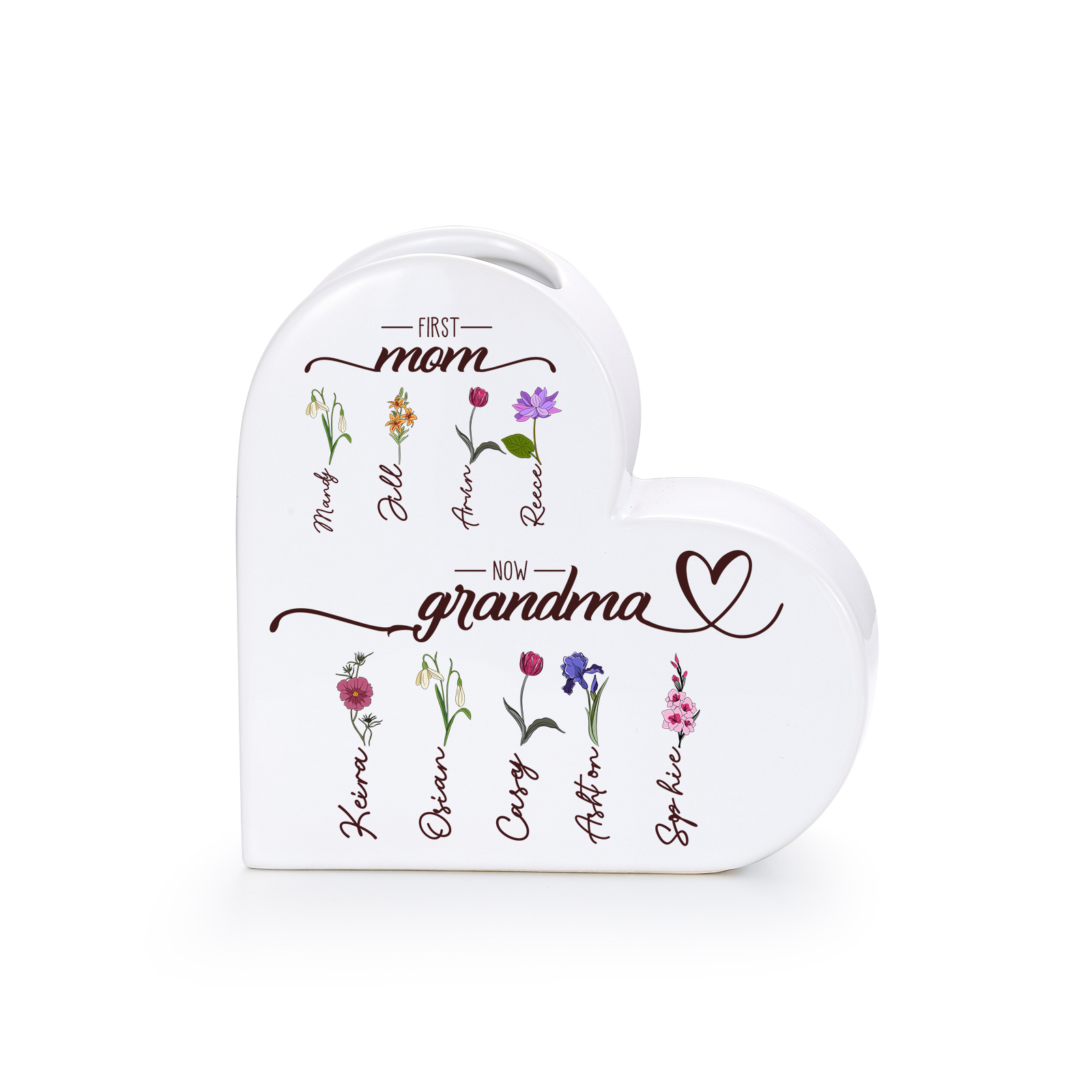 Personalized Heart-Shaped Ceramic Vase First Mom, Now Grandma Custom with 2–10 Birth Flowers and Names