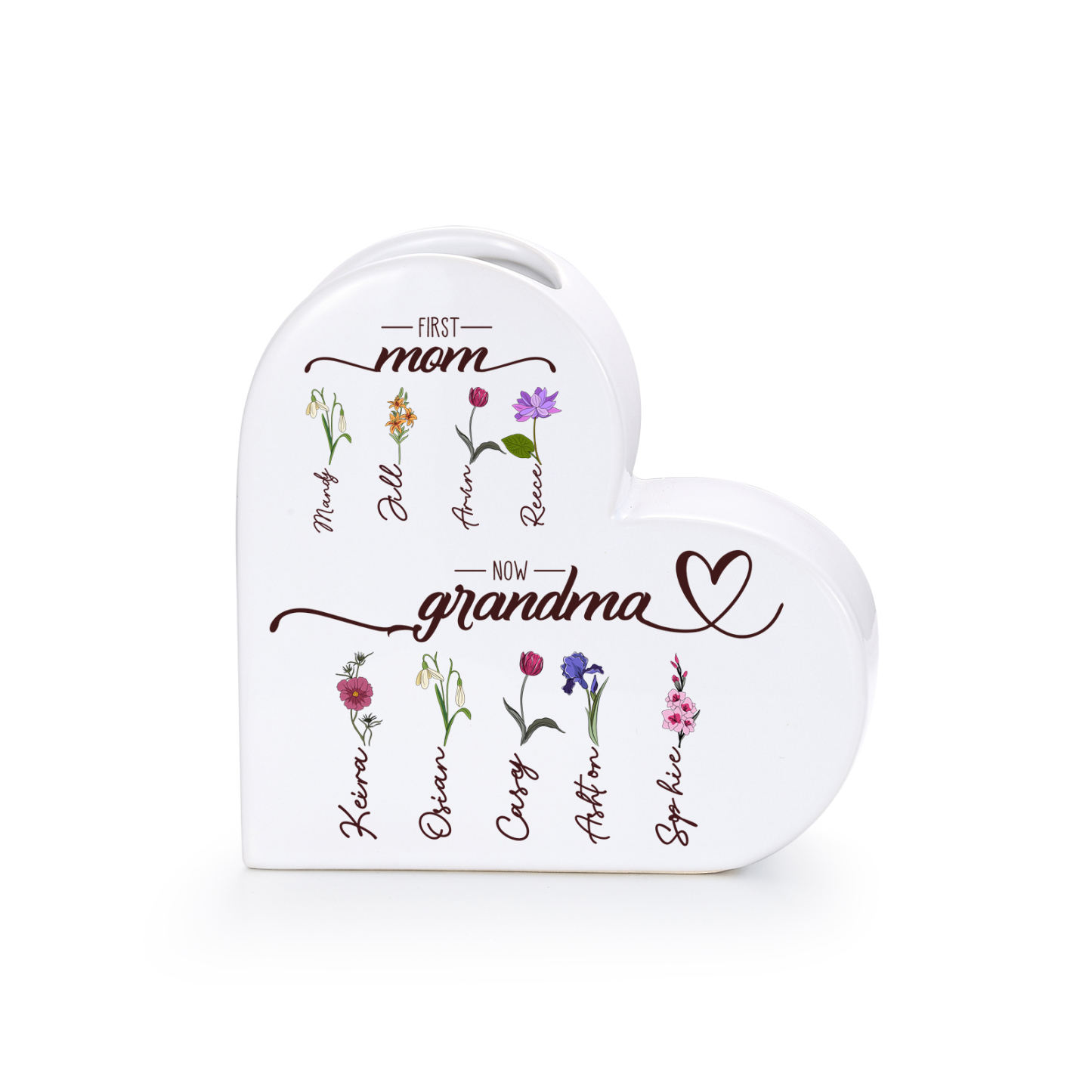 Personalized Heart-Shaped Ceramic Vase First Mom, Now Grandma Custom with 2–10 Birth Flowers and Names