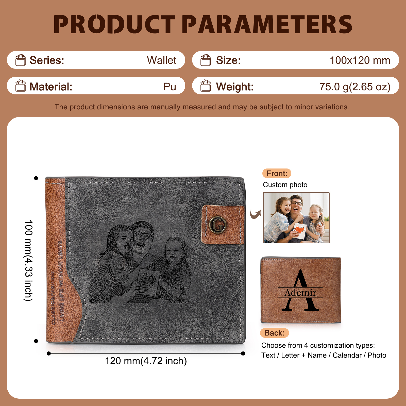 Personalized Men’s Leather Bifold Wallet with Engraved photo Custom Initials and Name