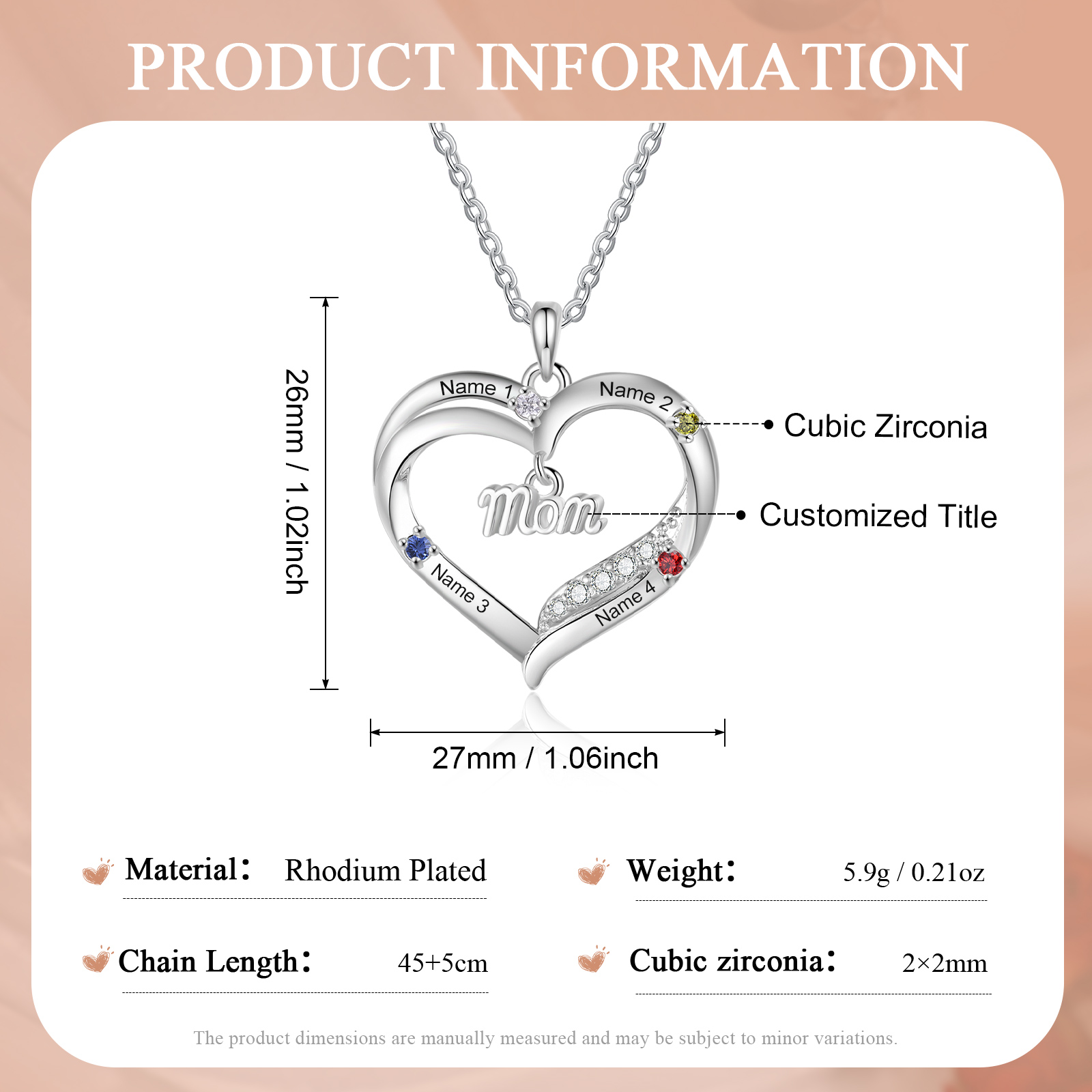 Personalized Mom Heart Necklace with 2–5 Kids Names and Birthstones