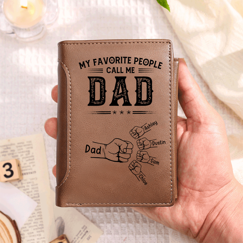 Personalized Leather Wallet for Dad Customized with 1-6 Kids’ Fists and Names