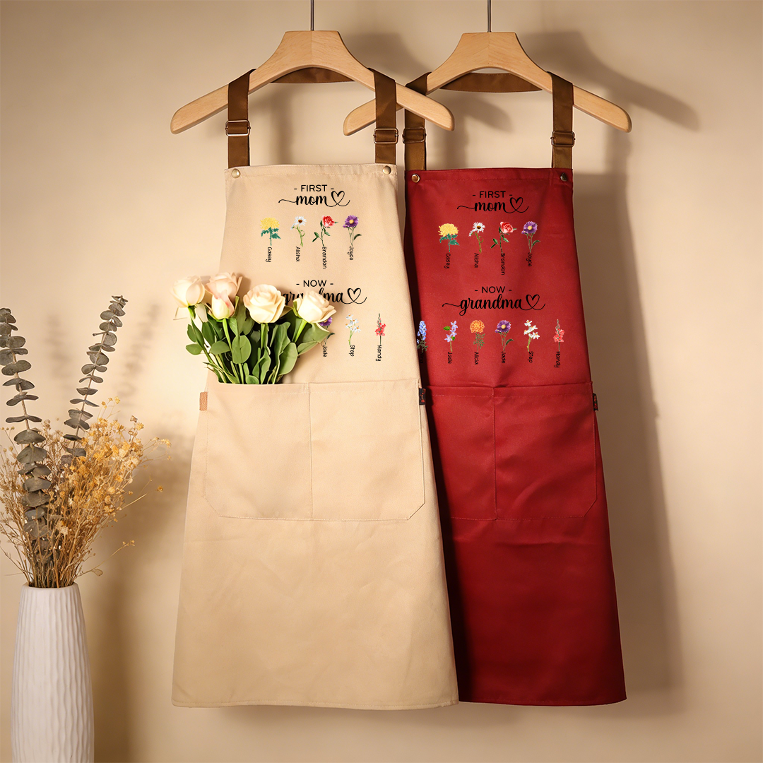 Personalized Apron “First Mom, Now Grandma” Custom with 2-16 Names and Birth Flowers