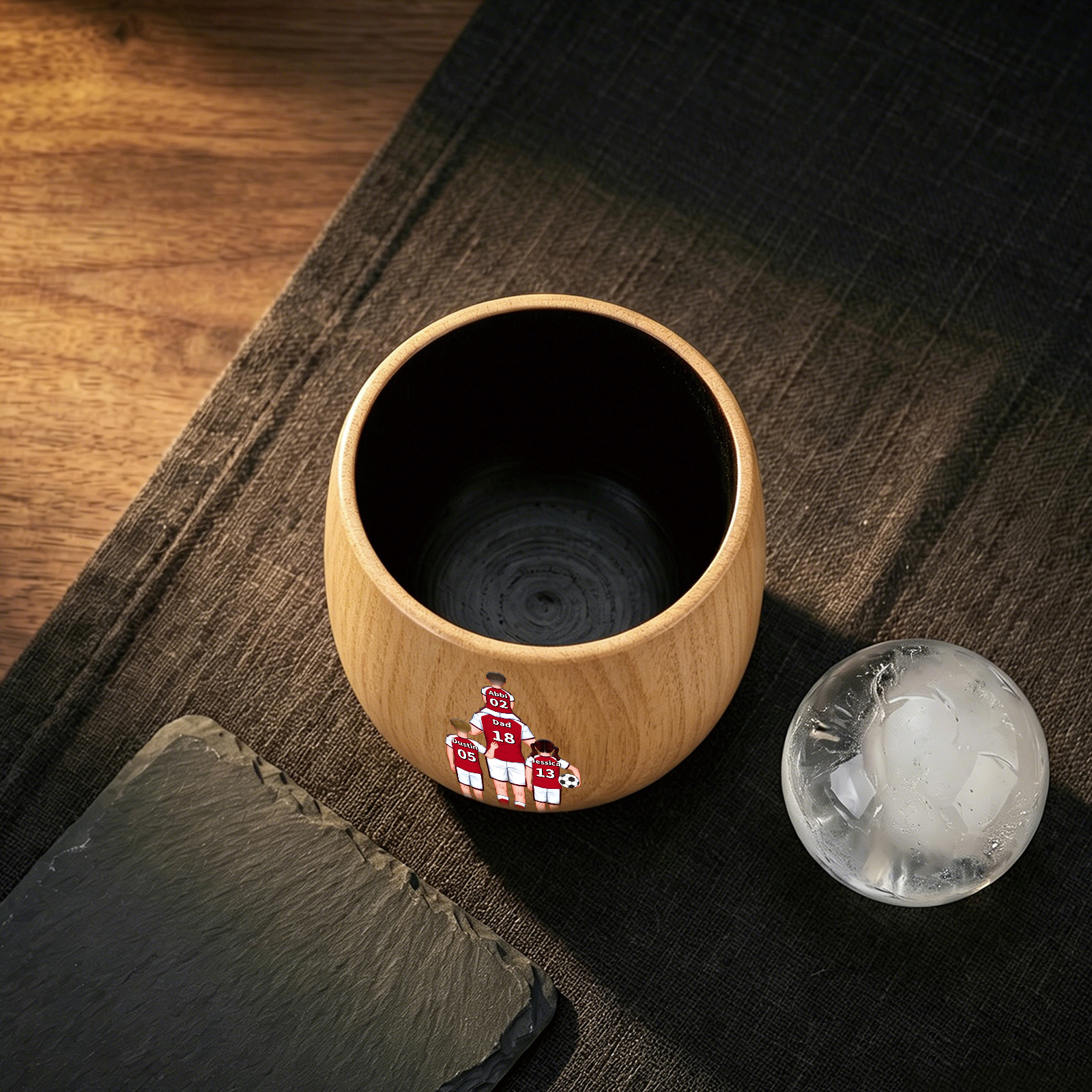 Personalized Wooden Whiskey Tumbler Cup for Dad Customized with 1–5 Kids Names Football Family