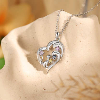 Personalized Cat Heart Necklace with 2–5 Birthstones and Names