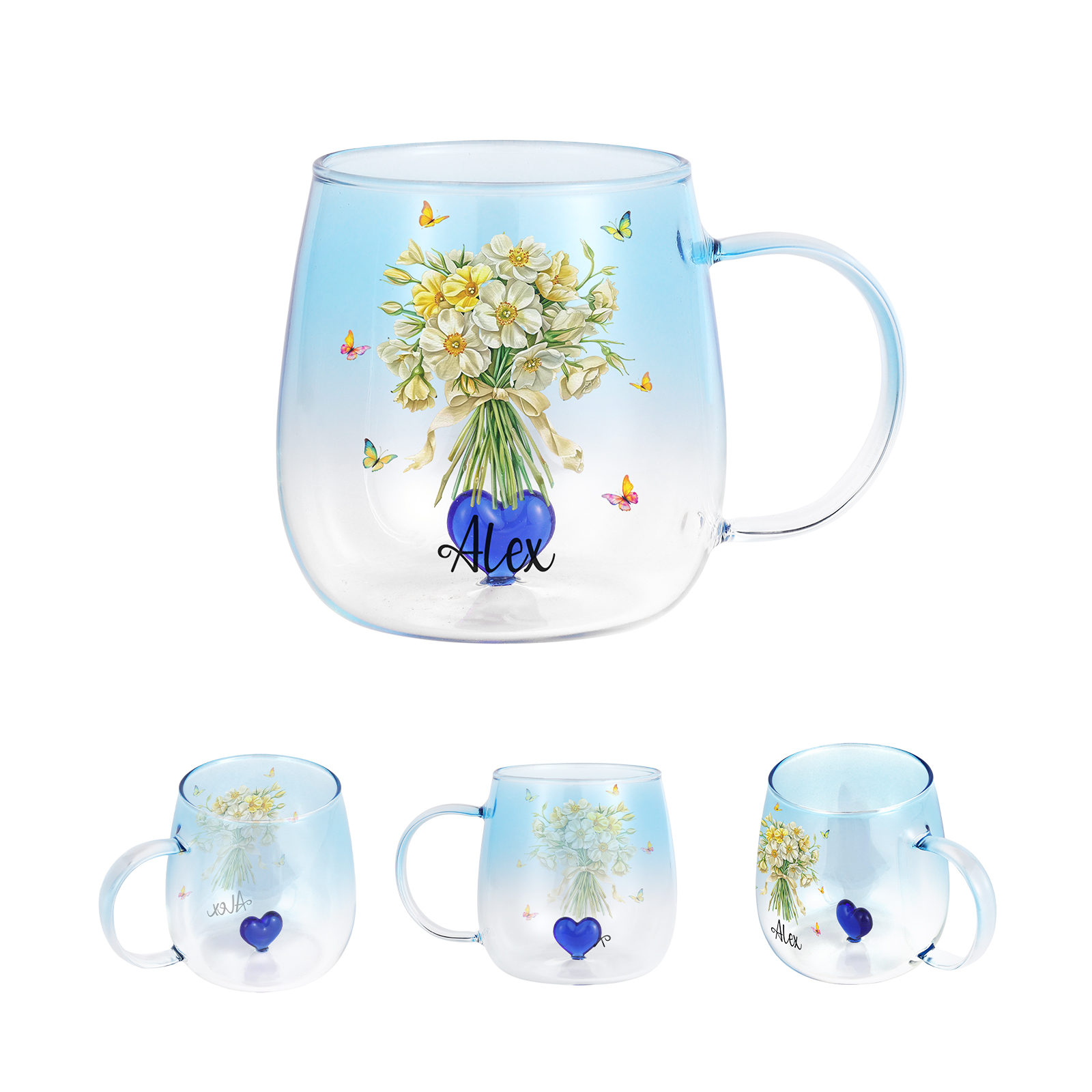 Custom Name Birth Flower Ombre Pink Glass Mug