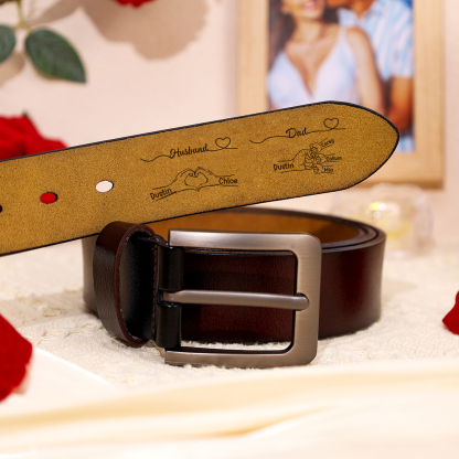 Personalized Men’s Leather Belt for Husband or Dad Engraved with Heart Hand Fist Bump