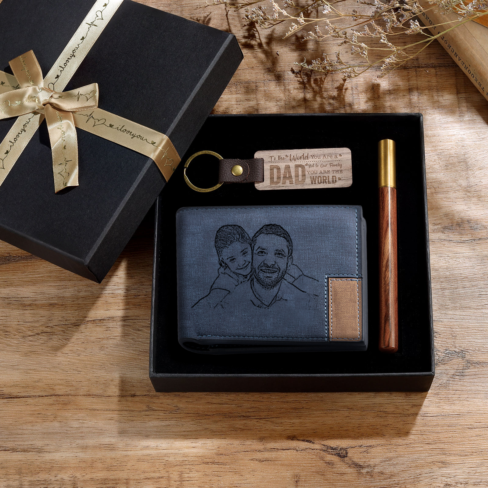 Photo Personalized Leather Wallet Gift Box Set with Keychain Customizable Letter Name Wallet Gift for Dad