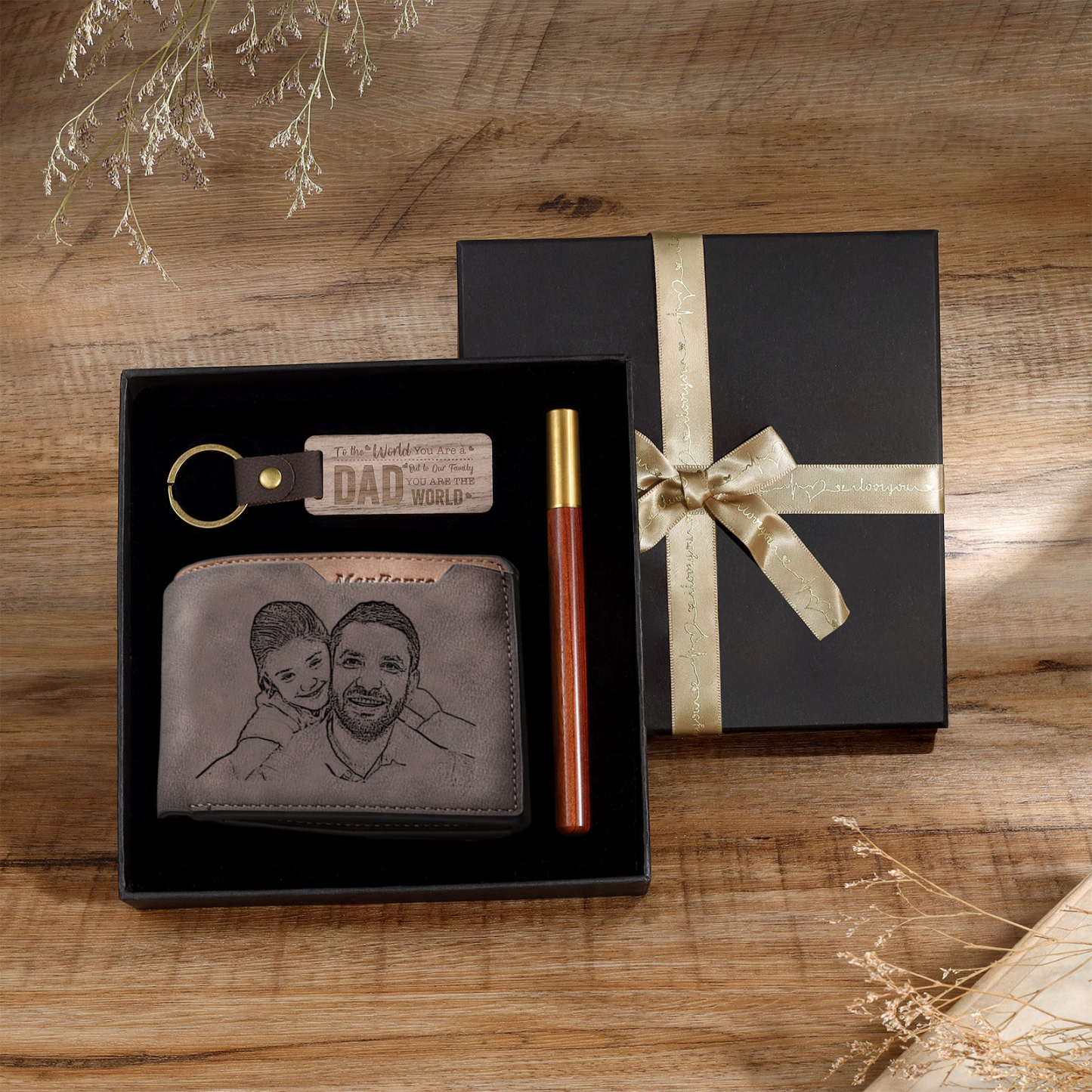 Photo Personalized Leather Wallet Gift Box Set with Keychain Customizable Letter Name Wallet Gift for Dad