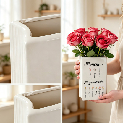 Personalized Ceramic Vase for Grandma Customized with 2-12 Names and Birth Flowers
