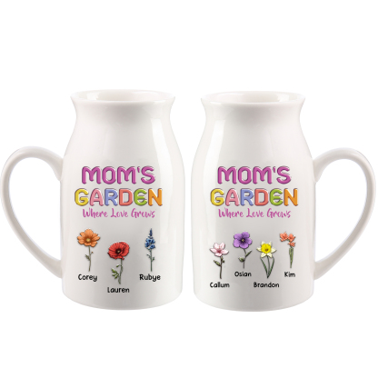 Personalized Ceramic Pitcher Vase Custom With 1-10 Names And Birth Flowers Gift For Mom Or Grandma