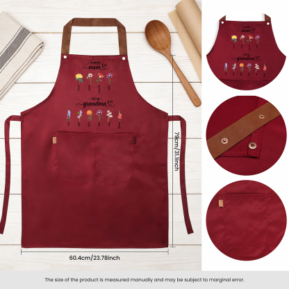 Personalized Apron “First Mom, Now Grandma” Custom with 2-16 Names and Birth Flowers