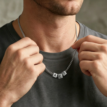 Personalized Men's Stainless Steel Necklace With Letter Cube Gift For Him