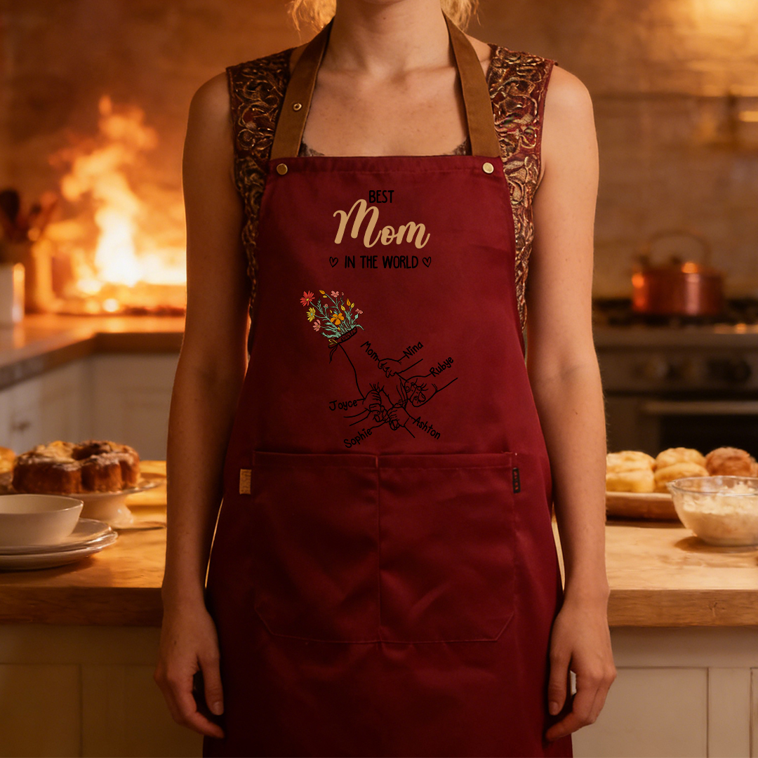 Personalized Floral Kitchen Apron Holding Hands Custom with 2–7 Names Gift for Mom or Grandma