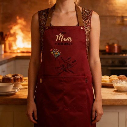 Personalized Floral Kitchen Apron Holding Hands Custom with 2–7 Names Gift for Mom or Grandma