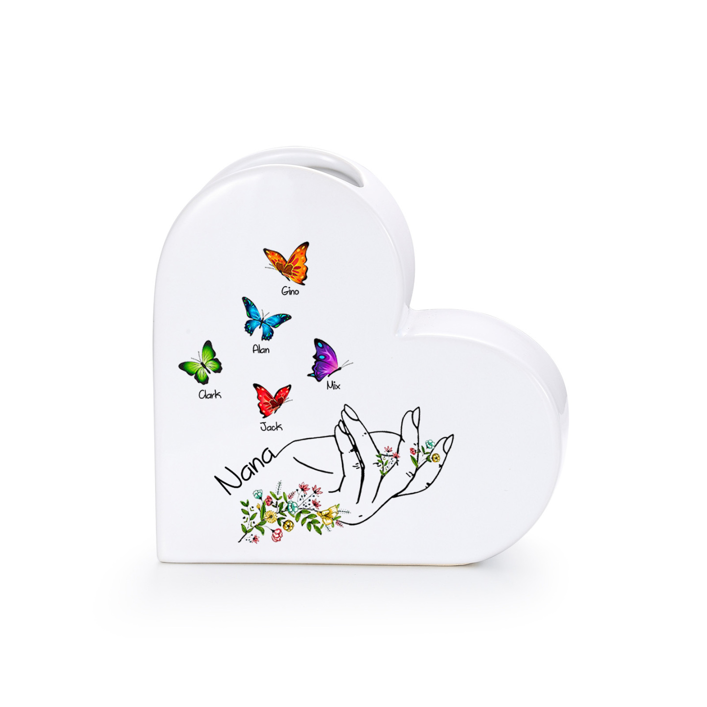 Personalized Ceramic Heart Vase Custom with 2–8 Names and Butterfly