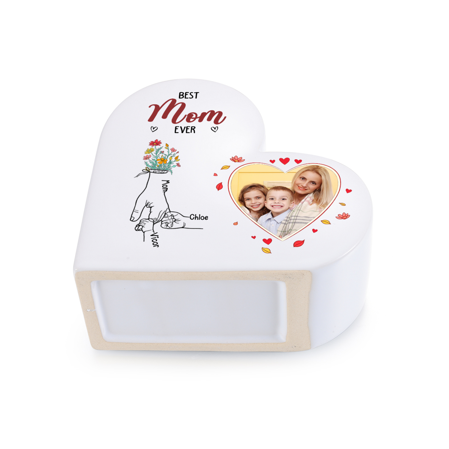 Personalized Heart Shaped Ceramic Vase Custom With 1-6 Names And Photo Gift For Mom Or Grandma