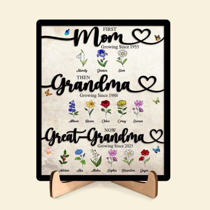Personalized Family Wooden Sign “First Mom, then Grandma, now Great-Grandma” – customized with 3–18 names and birth flowers, wooden plaque home decor for Mother’s Day, birthdays, or as a Christmas gift