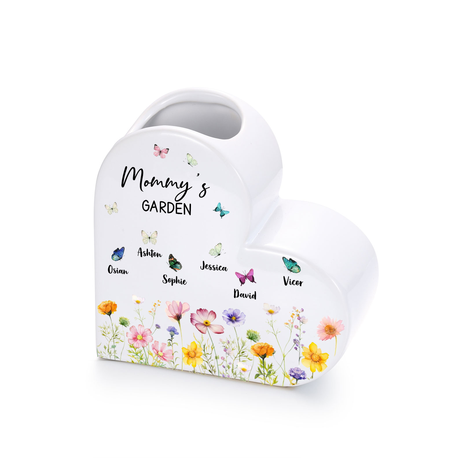 Personalized Heart Shaped Ceramic Vase with Floral and Butterfly Design Customized with 1–10 Names
