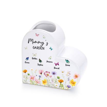 Personalized Heart Shaped Ceramic Vase with Floral and Butterfly Design Customized with 1–10 Names