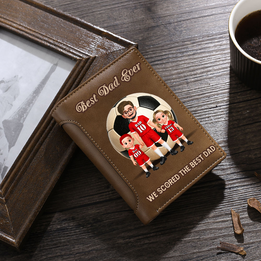Personalized Leather Wallet for Dad Soccer Team Customized with 1-6 Children