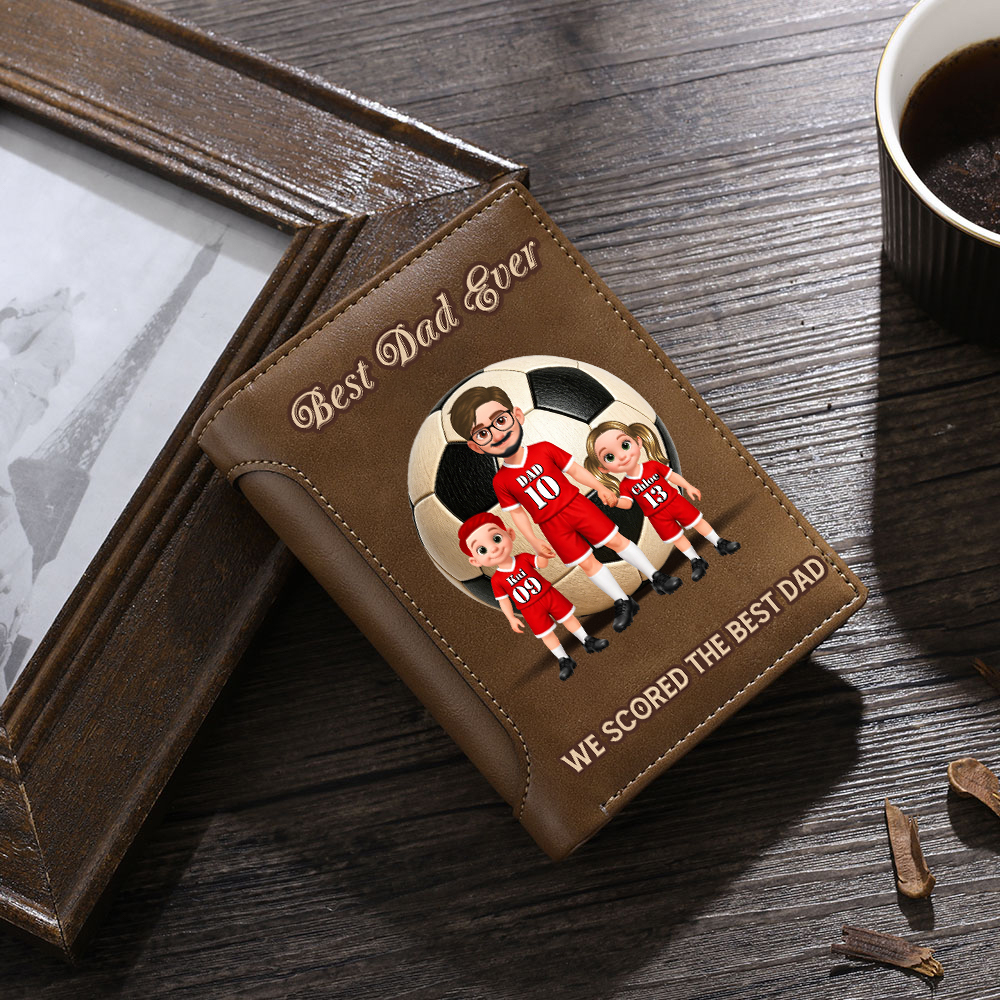 Personalized Leather Wallet for Dad Soccer Team Customized with 1-6 Children