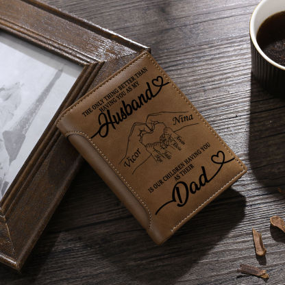 Personalized Leather Trifold Wallet for Husband or Dad with 1–6 Kids Names and Heart Hands Design