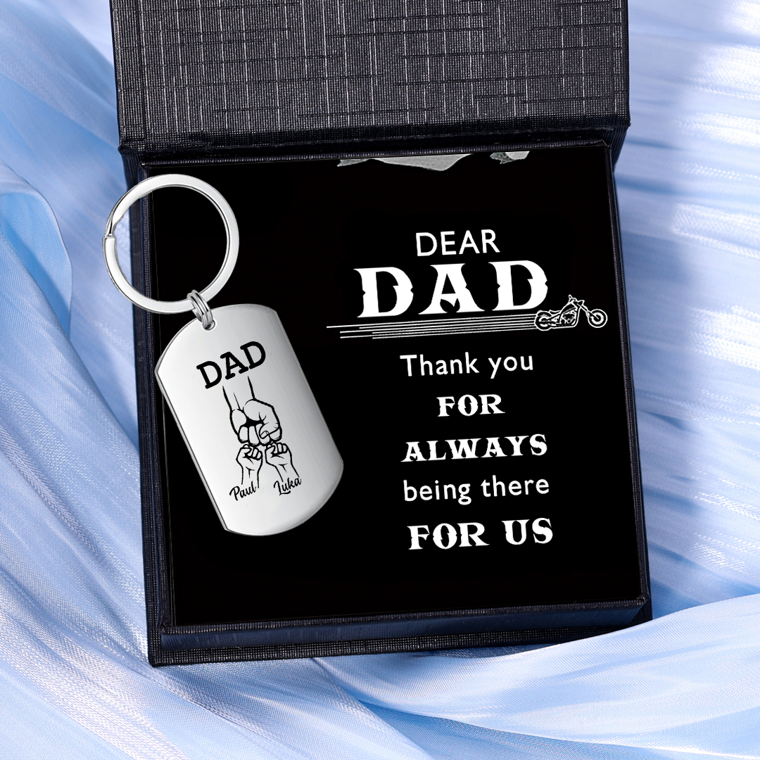 2 Kids' Names-Custom Dad Fist Bump Keychain Set With Gift Card Gift Bo