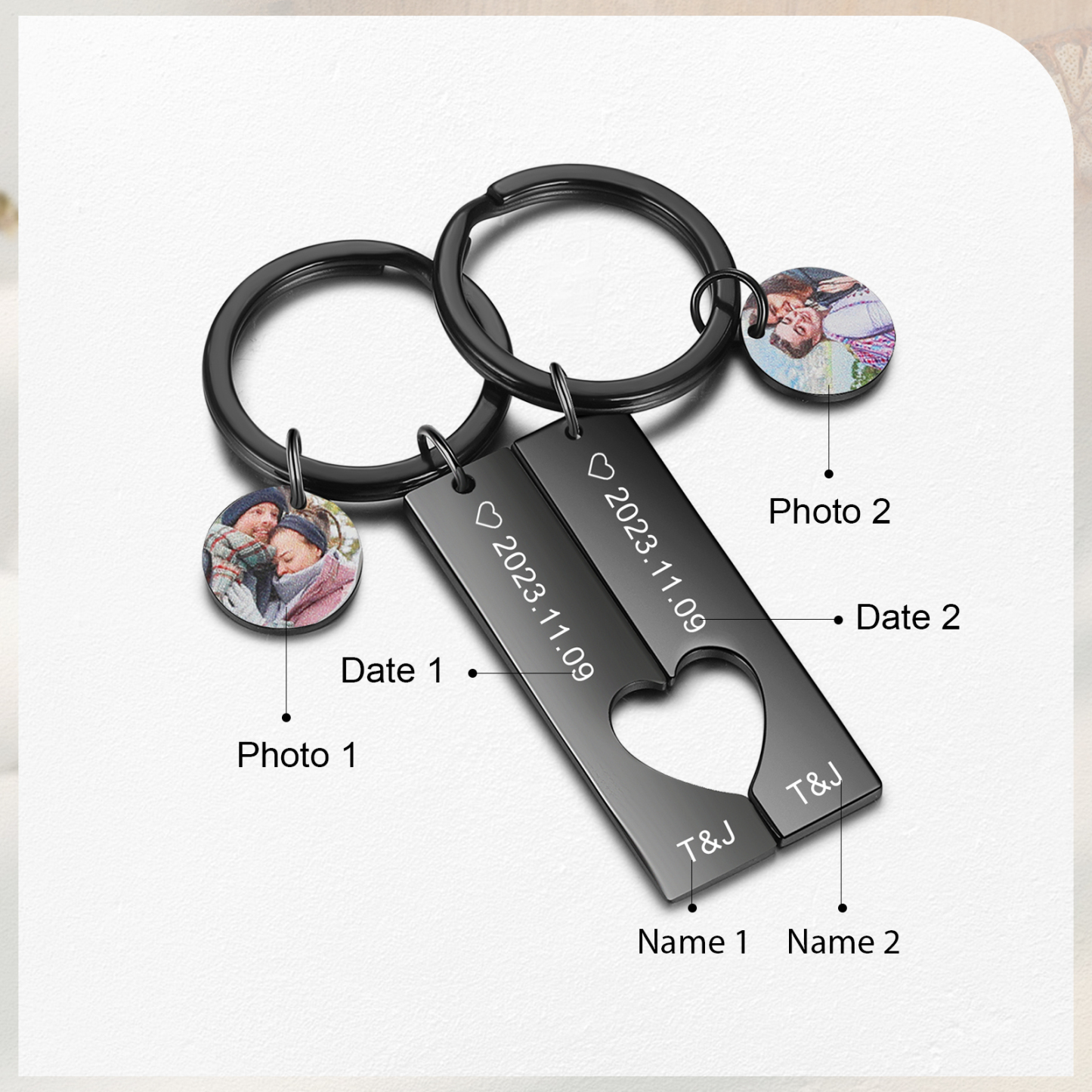 Personalized Keyring & Bracelet Gift Set – 2 Custom Keychains, Photo Bracelet, and Engraved Wallet Card with Custom Photos & Names for Couple | Jessemade