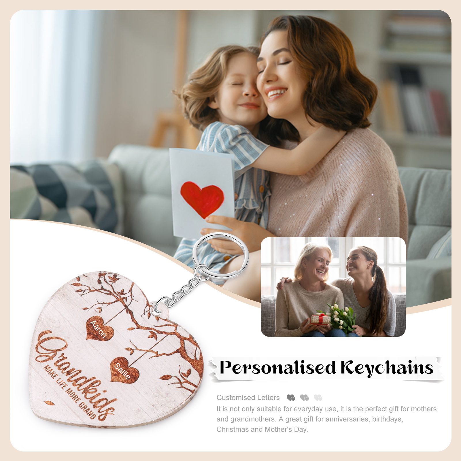 2 Names-Personalised Keychain Custom 2 Names and 1 Text Holding Hands Keychain for Nan