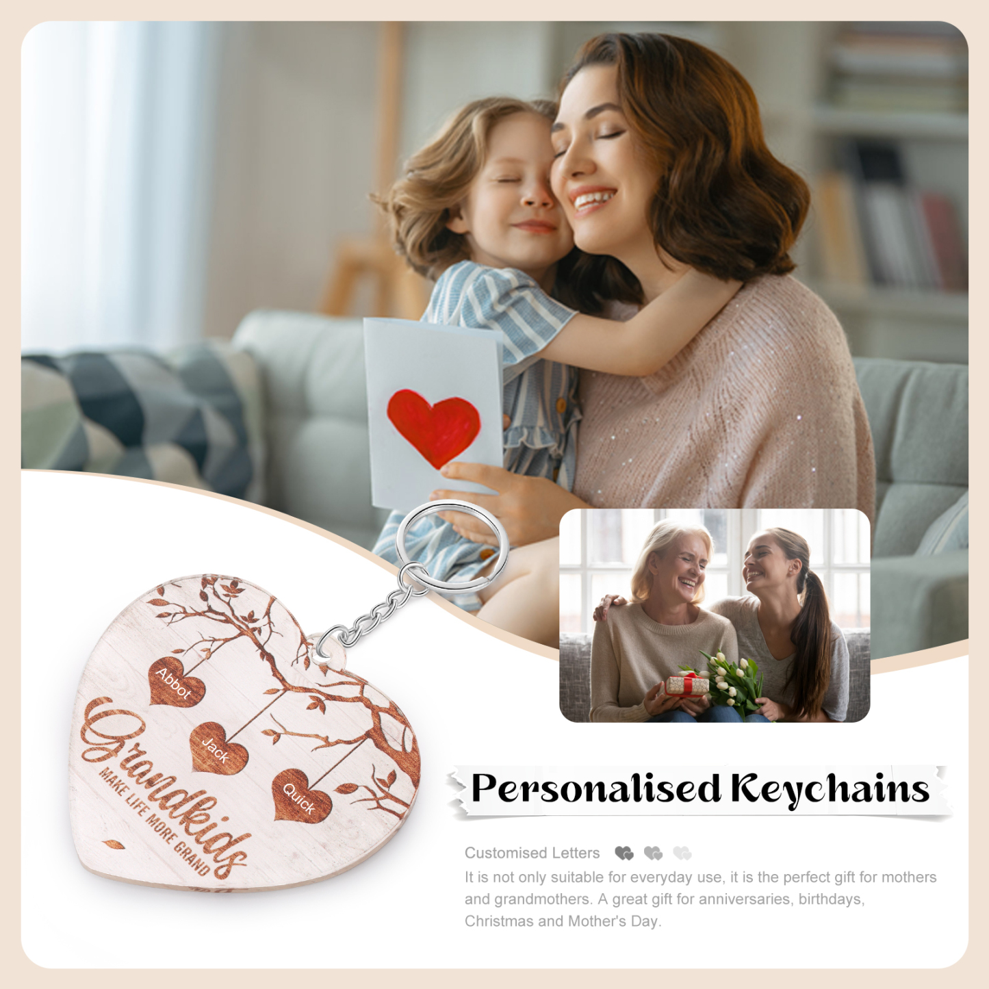 3 Names - Personalized Keychain Custom 3 Names Family Tree Keychain for Nan