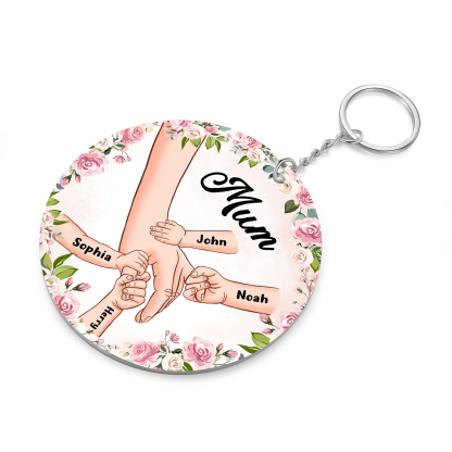 4 Names-Personalised Keychain Custom 4 Names and 1 Text Holding Hands Keychain for Mum/Nana