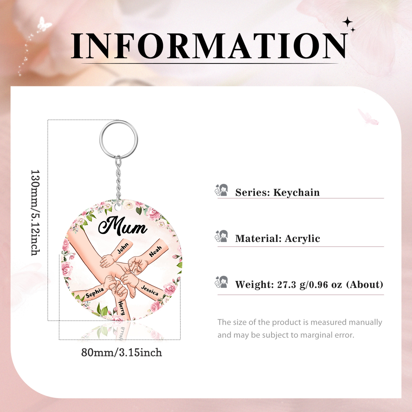 5 Names-Personalised Keychain Custom 5 Names and 1 Text Holding Hands Keychain for Mum/Nana