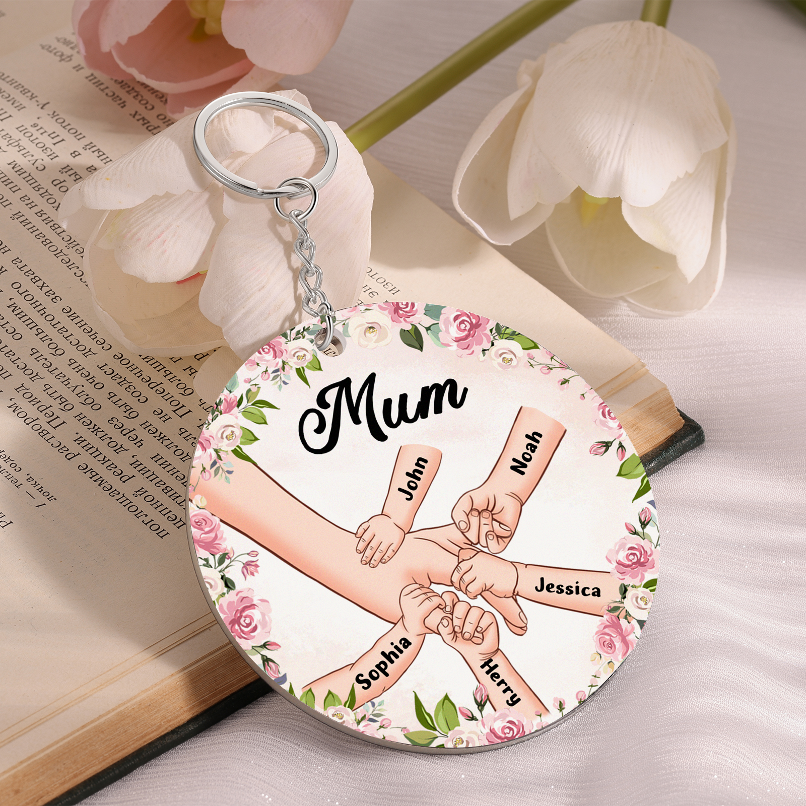 5 Names-Personalised Keychain Custom 5 Names and 1 Text Holding Hands Keychain for Mum/Nana