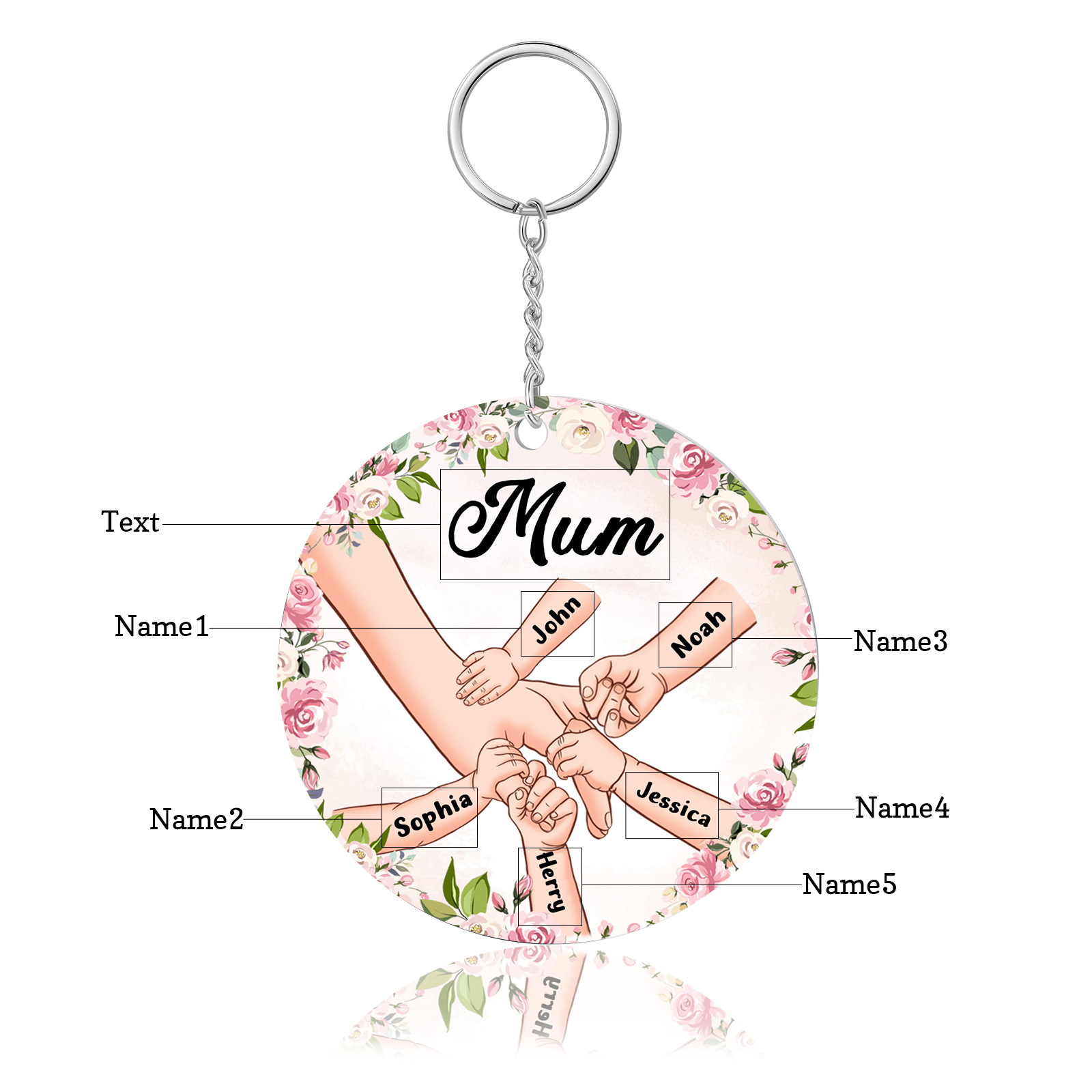 5 Names-Personalised Keychain Custom 5 Names and 1 Text Holding Hands Keychain for Mum/Nana