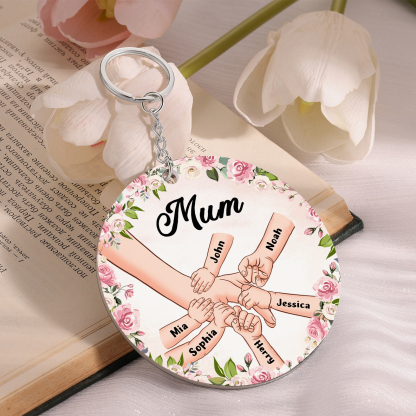 6 Names-Personalised Keychain Custom 6 Names and 1 Text Holding Hands Keychain for Mum/Nana