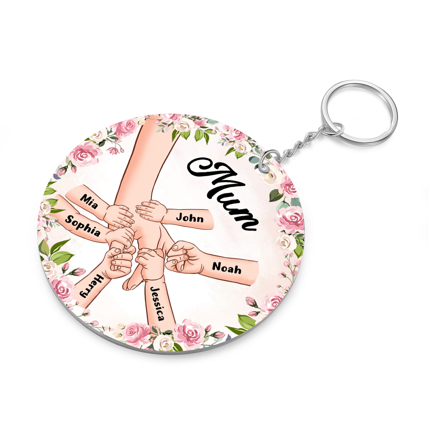 6 Names-Personalised Keychain Custom 6 Names and 1 Text Holding Hands Keychain for Mum/Nana