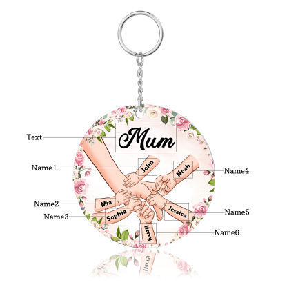 6 Names-Personalised Keychain Custom 6 Names and 1 Text Holding Hands Keychain for Mum/Nana