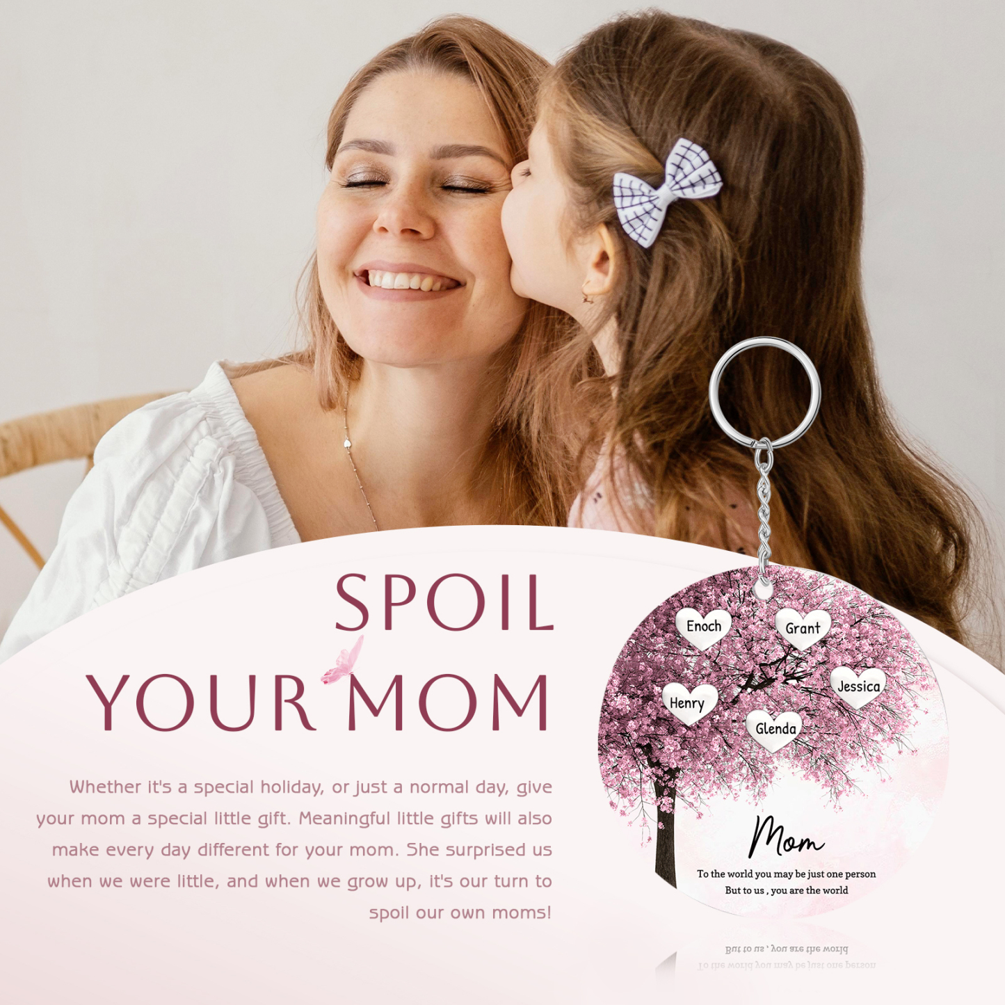 5 Names-Personalized Tree Of Life Customized 4 Names and 2 Text Keychain Family Tree Keychain for Mom