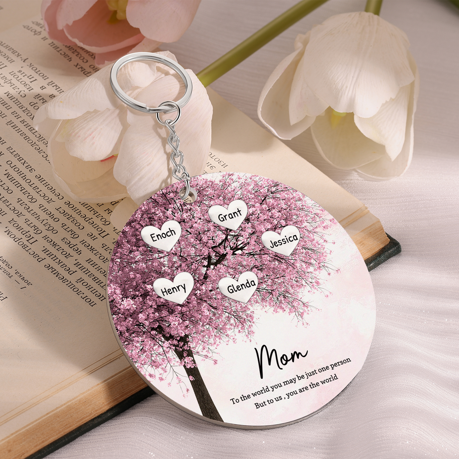 5 Names-Personalized Tree Of Life Customized 4 Names and 2 Text Keychain Family Tree Keychain for Mom