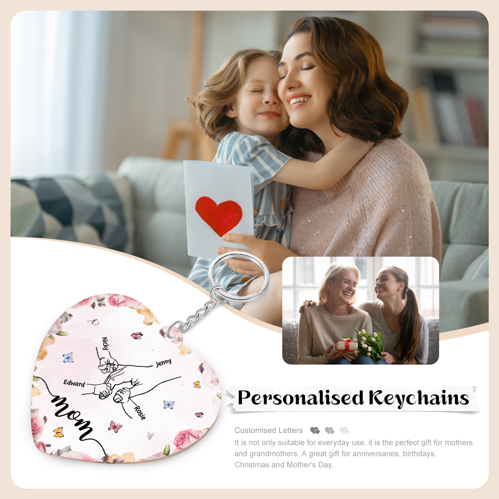 4 Names - Personalized Keychain Customized 4 Names and 1 Text Hand in Hand Keychain Gift for Mum/Nana