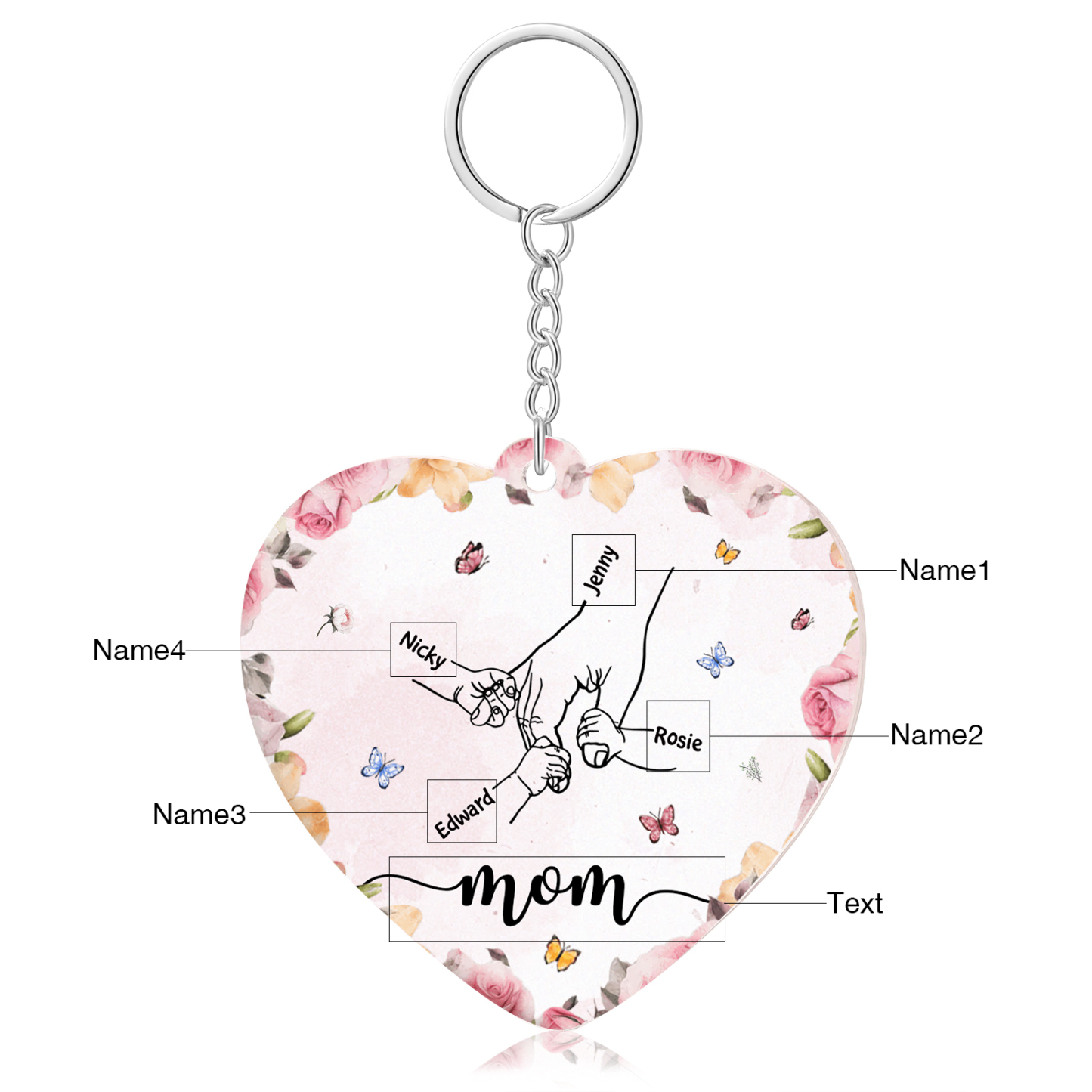 4 Names - Personalized Keychain Customized 4 Names and 1 Text Hand in Hand Keychain Gift for Mum/Nana