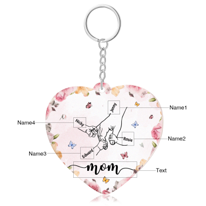 4 Names - Personalized Keychain Customized 4 Names and 1 Text Hand in Hand Keychain Gift for Mum/Nana