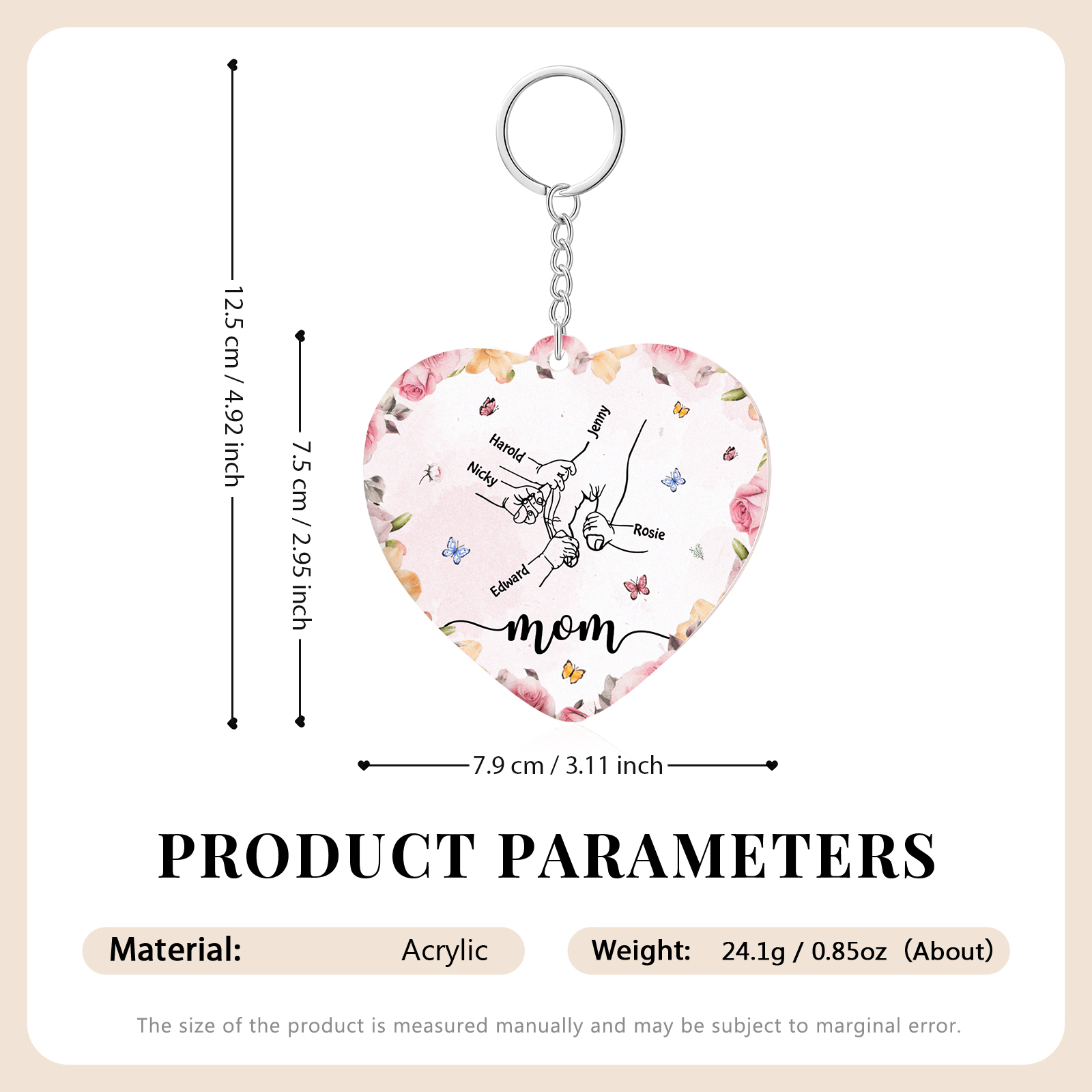 5 Names - Personalized Keychain Customized 5 Names and 1 Text Hand in Hand Keychain Gift for Mum/Nana