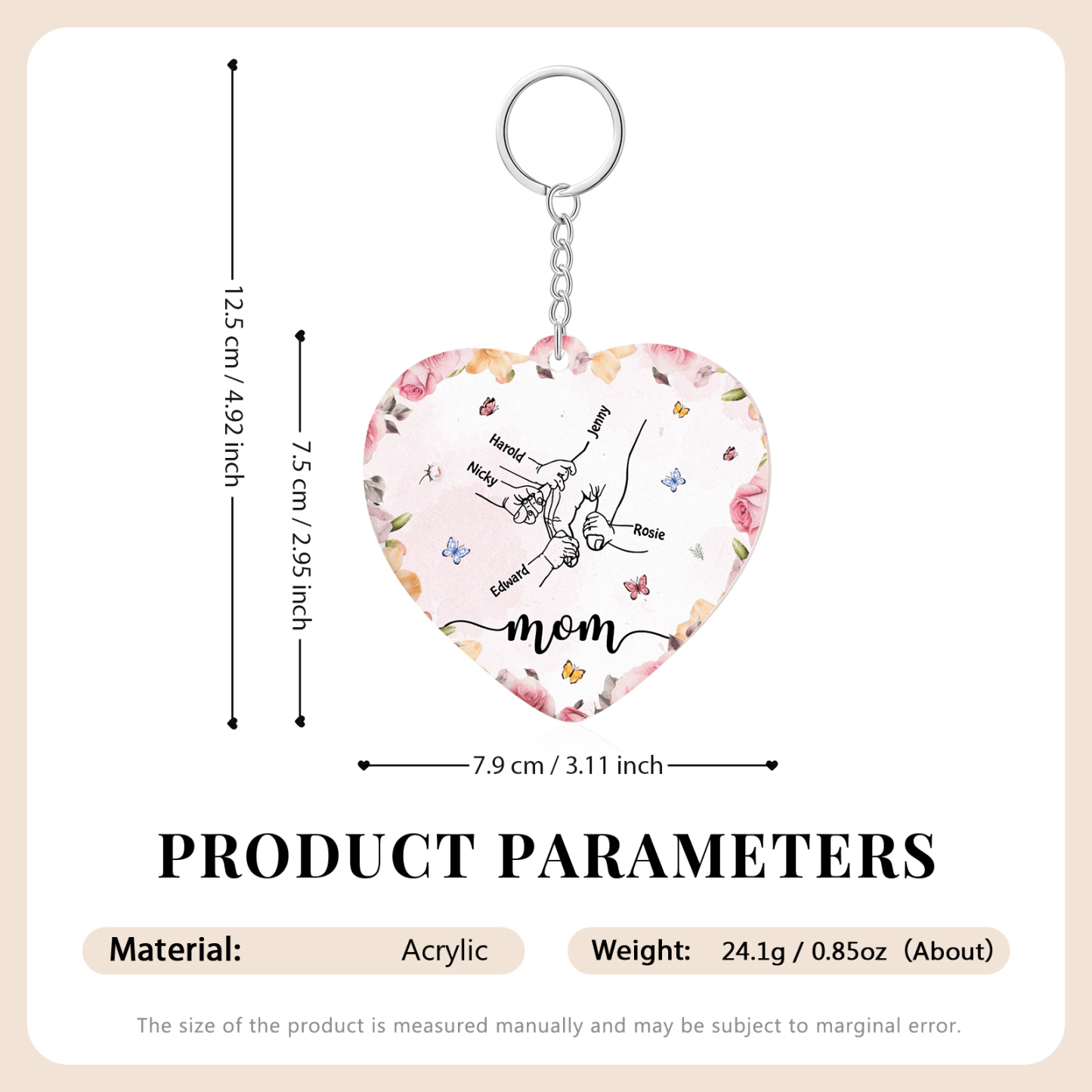 5 Names - Personalized Keychain Customized 5 Names and 1 Text Hand in Hand Keychain Gift for Mum/Nana